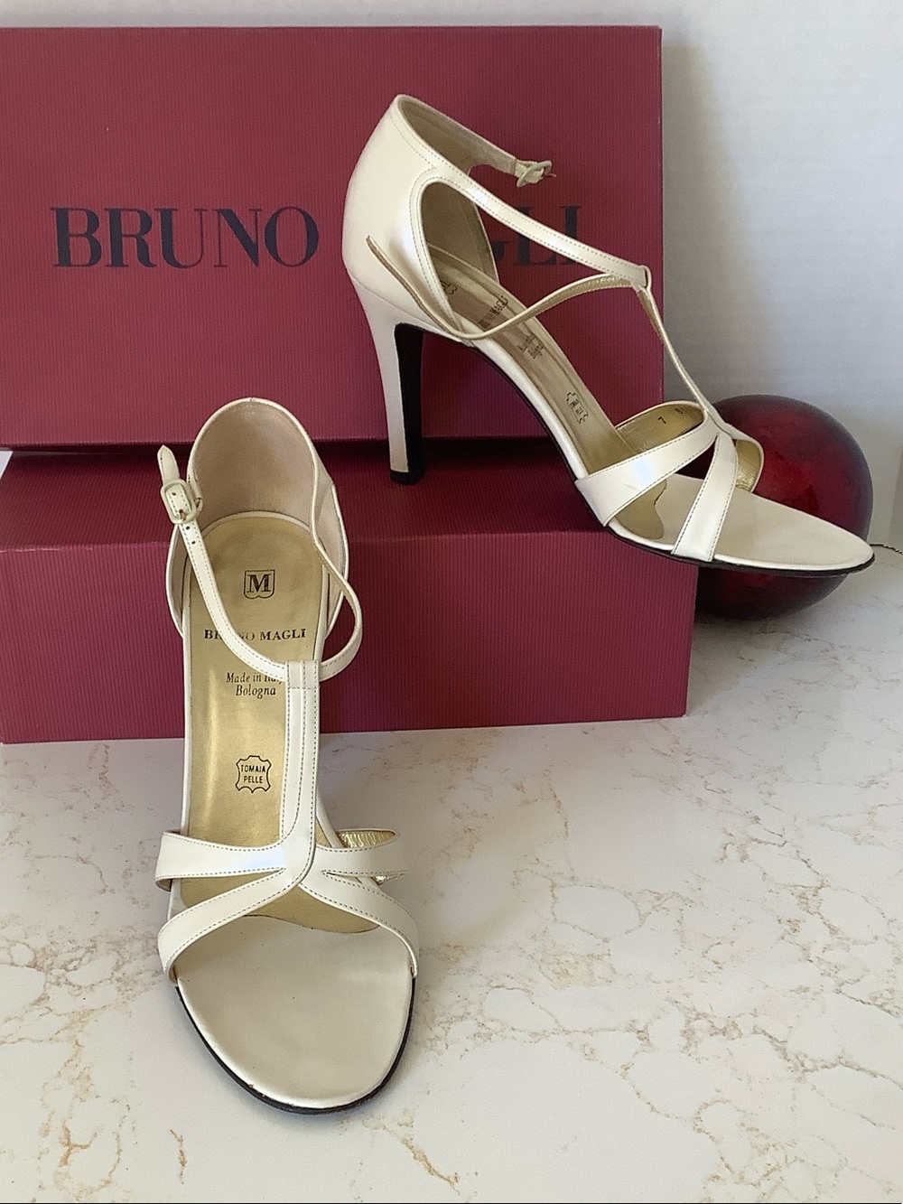 Bruno Magli Ivory Leather T-Strap Stiletto Sandals